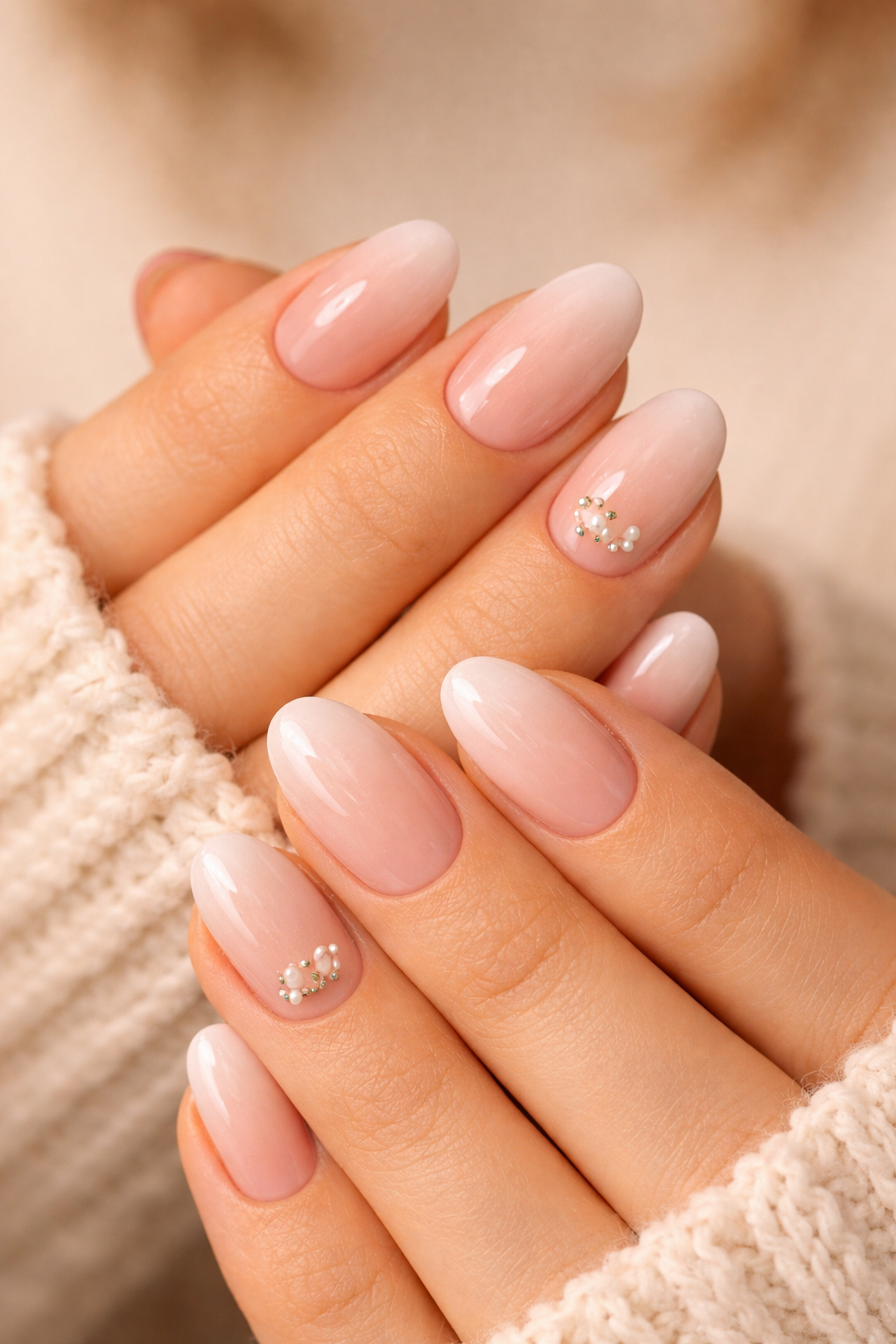 Soft blush-to-milky ombré dip powder manicure with a minimal pearl accent, photographed in warm editorial lighting.