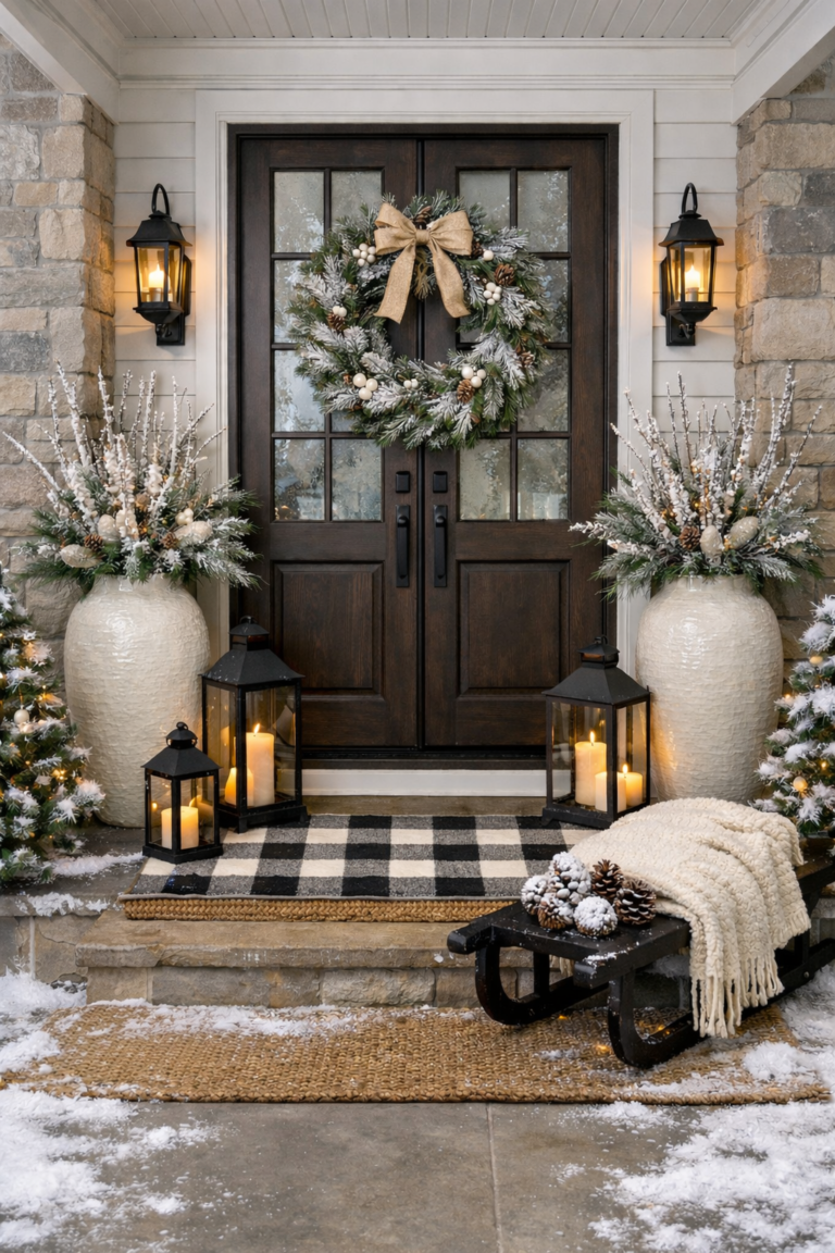Upscale winter porch with concrete planters, sculptural evergreen stems, stainless steel lanterns, soft candlelight, and a neutral wreath for a refined seasonal entry.