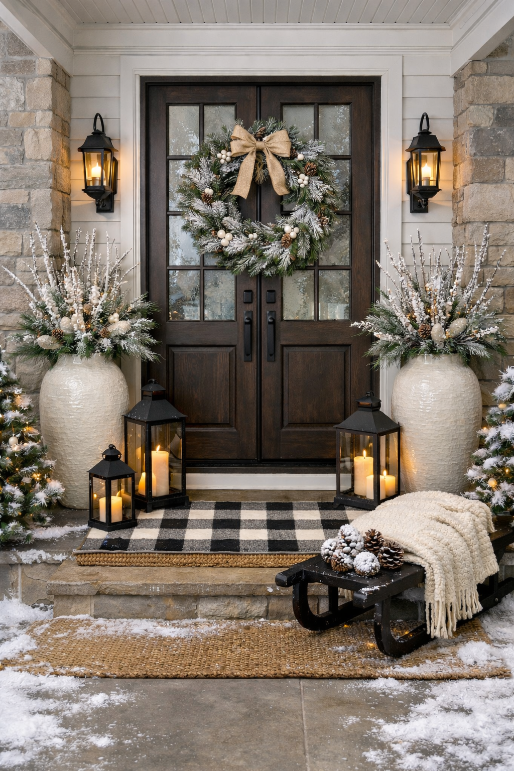 Upscale winter porch with lanterns, wreath, concrete planters, sled and soft neutral textures