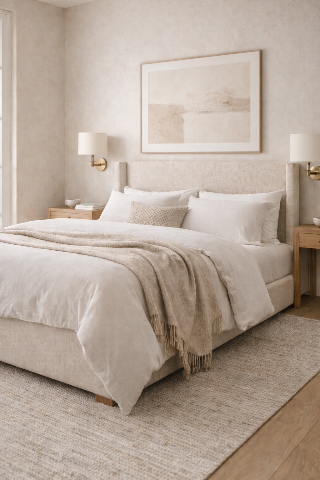 Serene organic modern bedroom with layered white bedding, warm neutral textures, soft lighting, and calming artwork