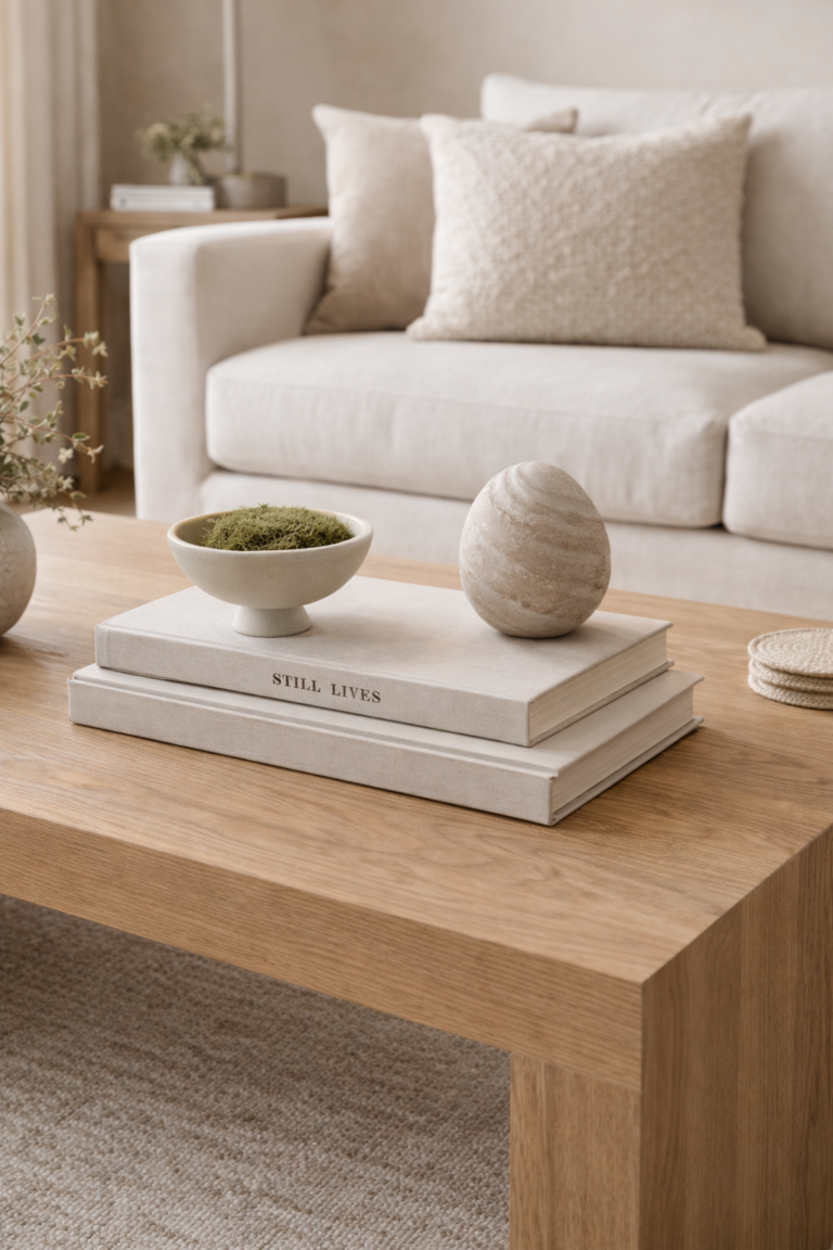 Organic modern coffee table styled with stacked books, sculptural decor, and neutral textures
