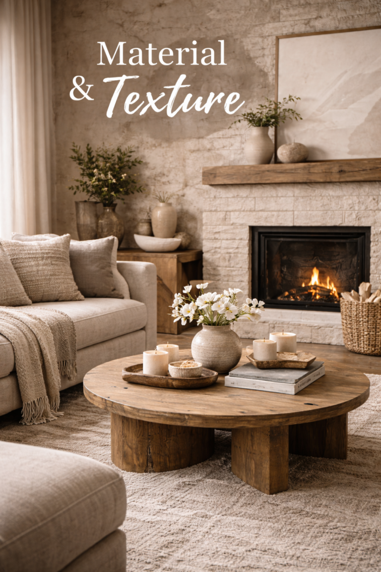 Organic modern living room styled with layered materials and textures including stone fireplace, wood coffee table, soft textiles, and neutral decor
