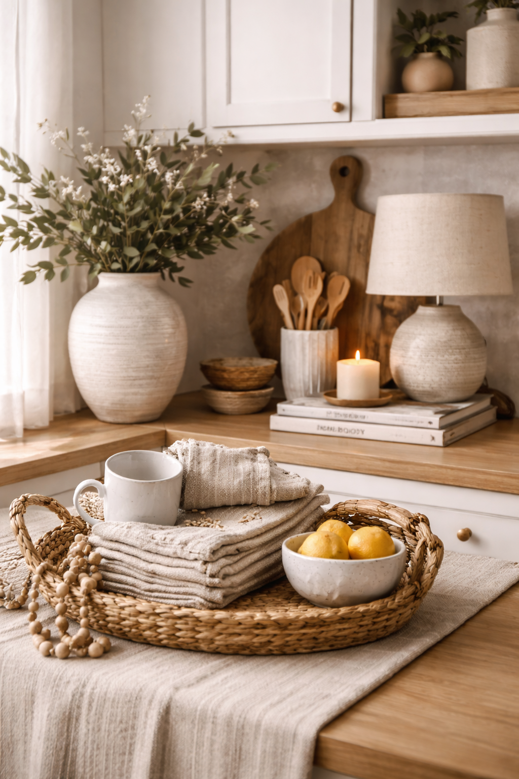 A styled home vignette demonstrating custom-feel essentials: clean lines, layered neutrals, and intentional spacing.