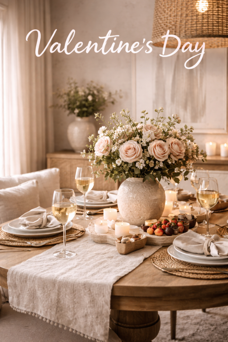 Valentine’s Day dining table styled with blush florals, candles, neutral linens, and warm organic textures