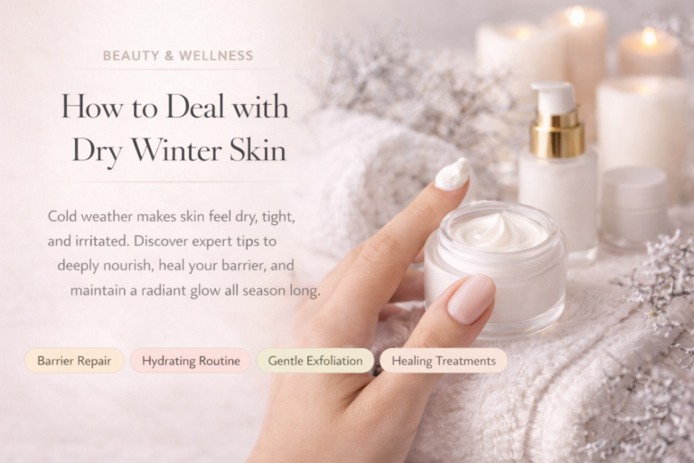 Winter skincare routine with nourishing face cream and soft neutral styling for dry skin care