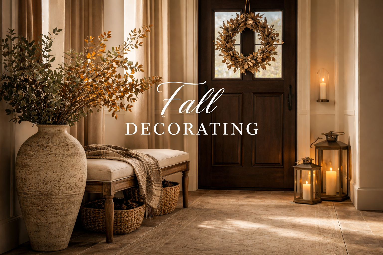 Organic modern fall home with warm textiles, soft lighting, and natural autumn greenery