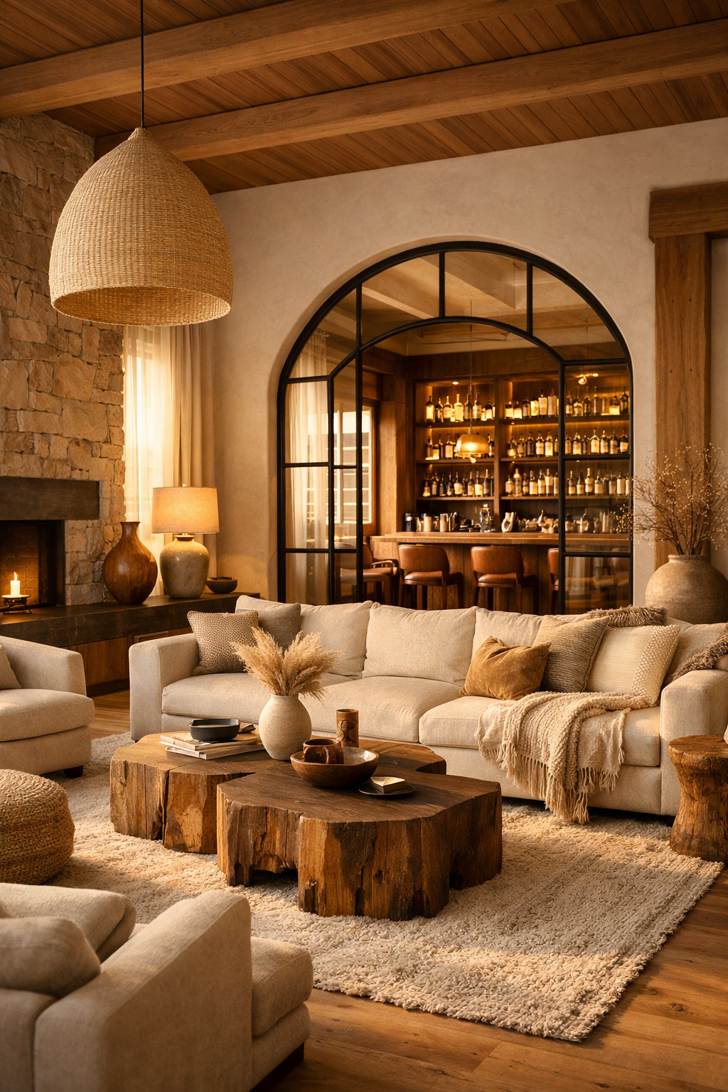 Organic modern living space with soft neutrals and layered textures.