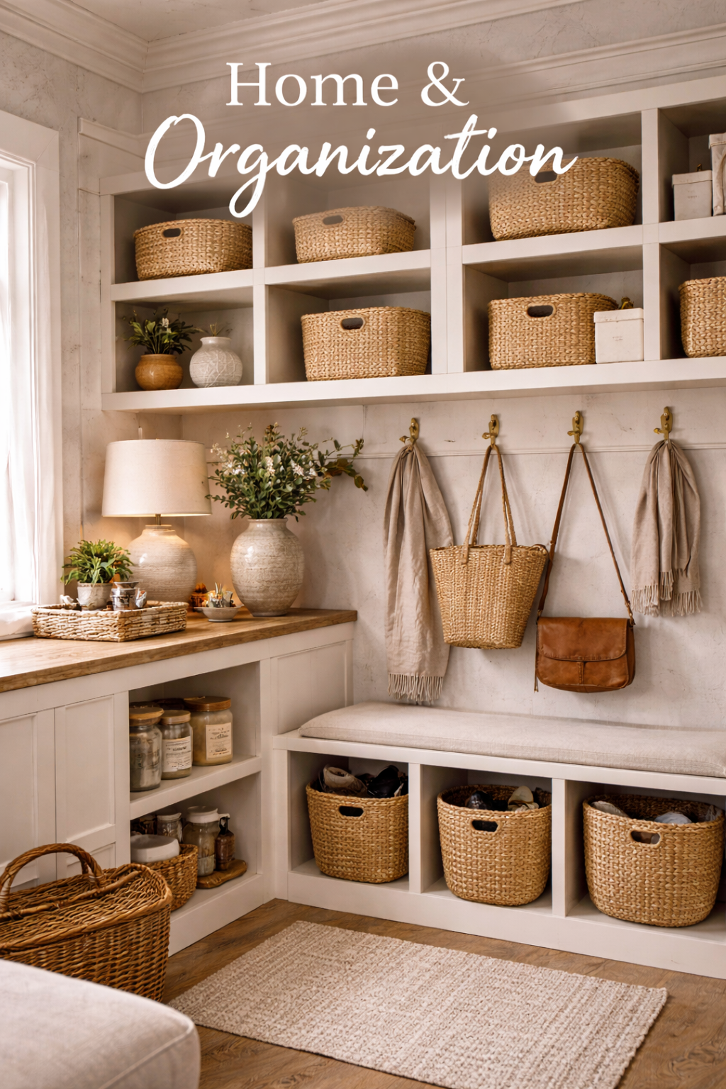 A bright, calm home interior with purposeful storage, clear surfaces, and an organized entry that feels custom and high-end