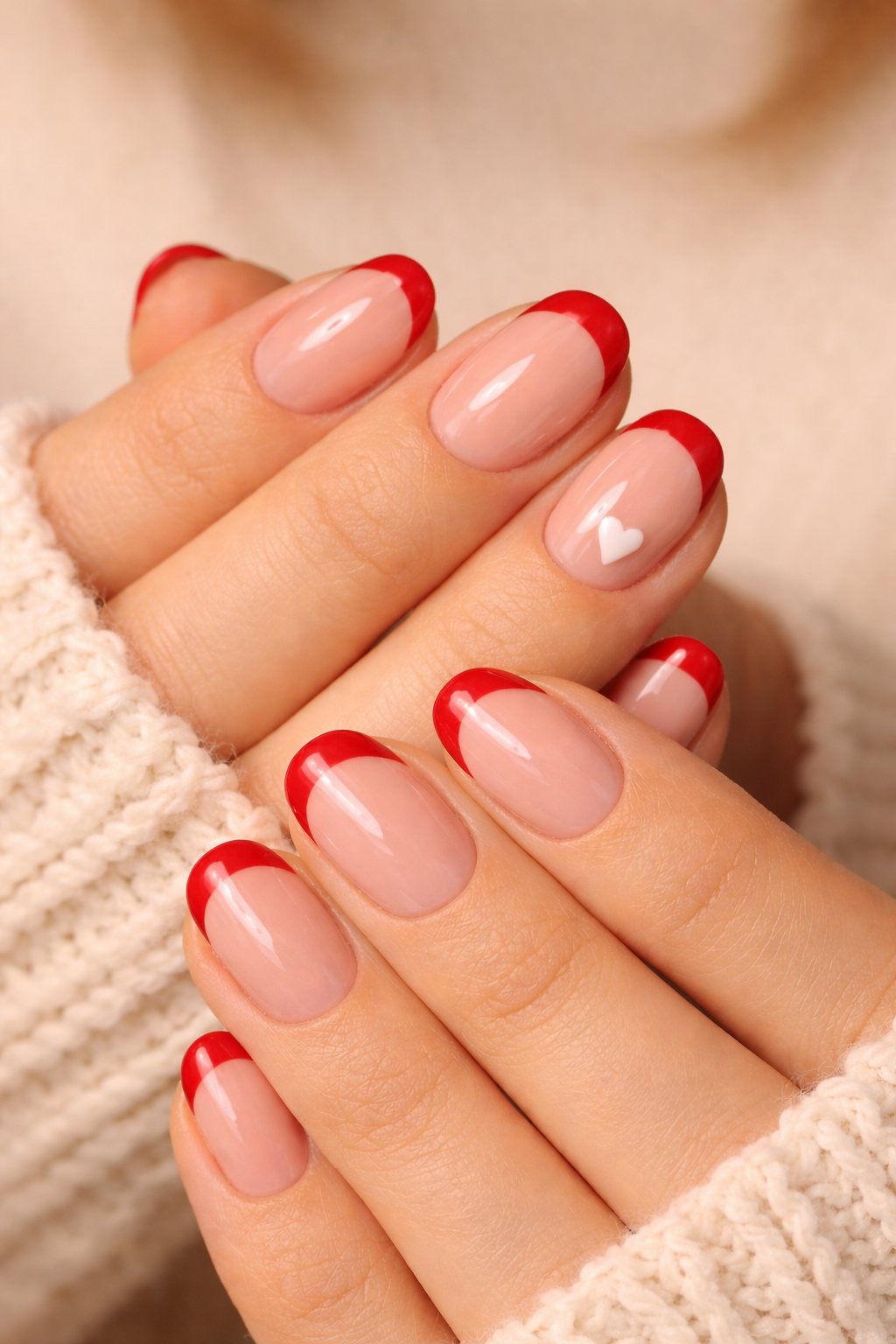 Short squoval nails with a sheer nude base, classic red French tips, and a tiny white heart accent, photographed in warm editorial lighting.