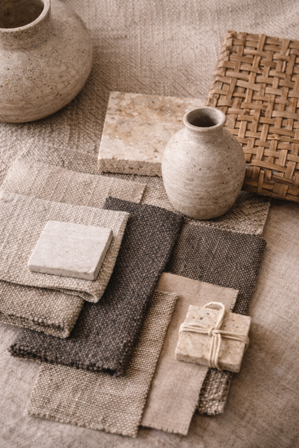 A bright organic modern interior detail showing layered textiles, warm wood tones, and subtle stone texture for depth