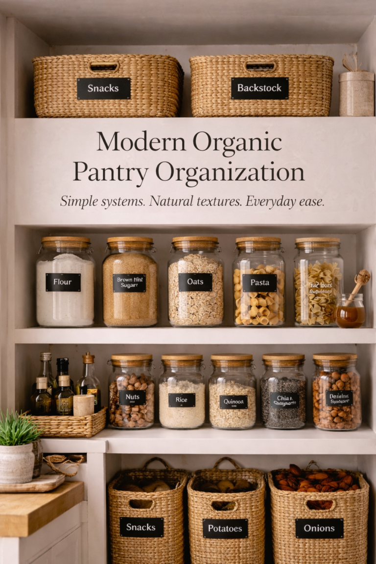 Modern organic pantry organization with woven baskets, glass jars with bamboo lids, and labeled pantry storage
