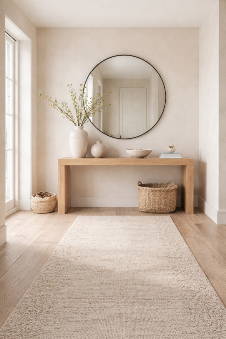 Organic modern entryway styled with wood console table, round mirror, neutral ceramics, woven baskets, and balanced proportions
