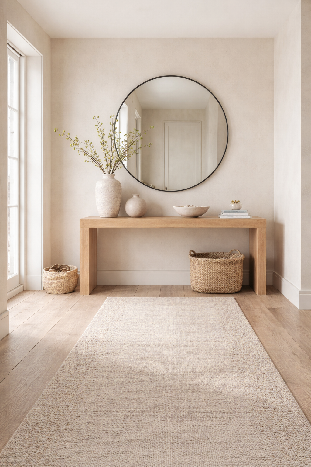 Organic modern entryway with warm neutral plaster walls, a light oak console, sculptural ceramics, and soft daylight
