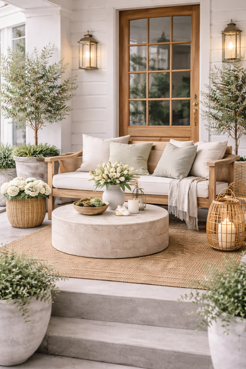 Clean, edited spring porch with minimal decor, greenery, and neutral tones.