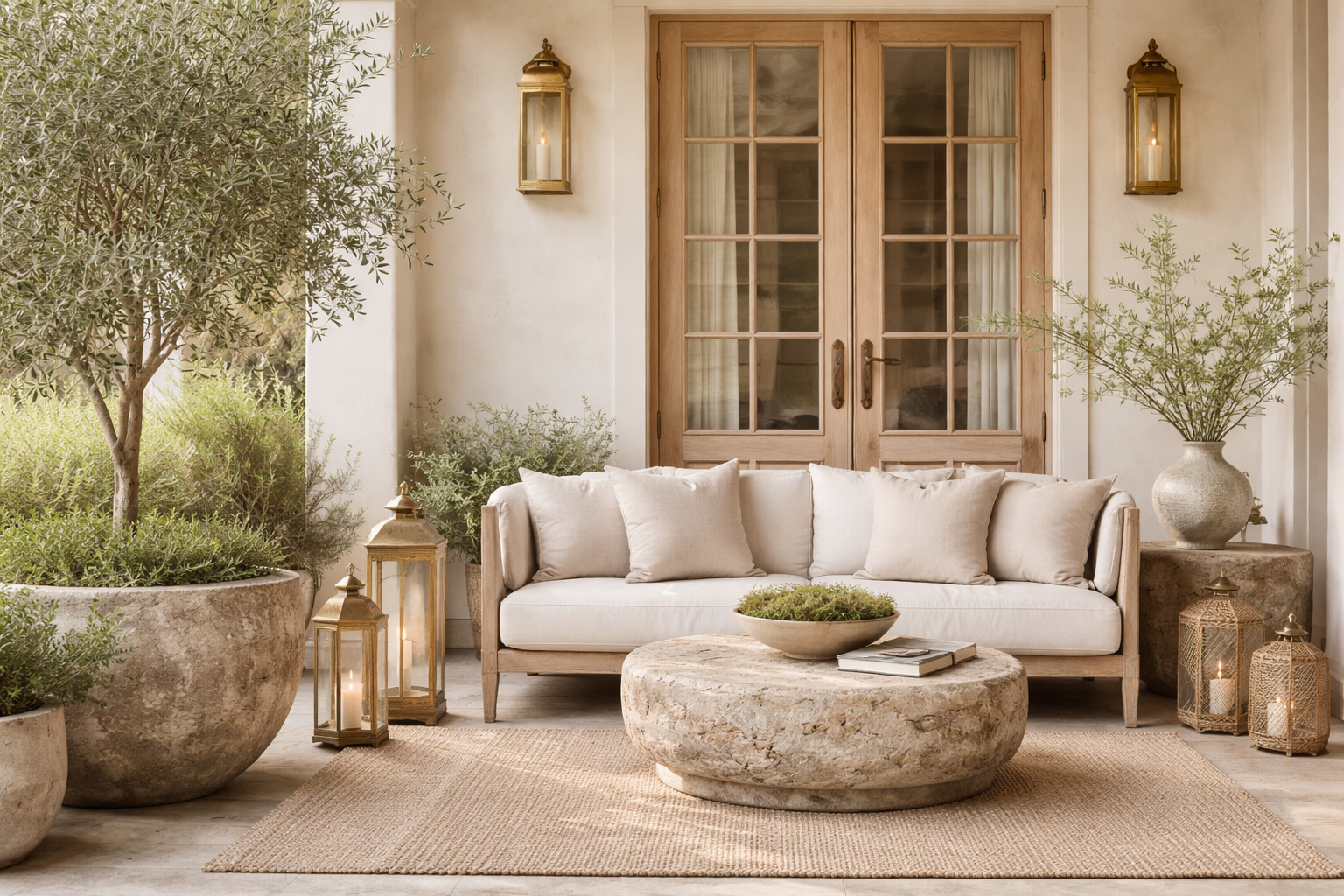 Quiet luxury spring porch with warm neutrals, soft greenery, natural textures, and minimal styling.