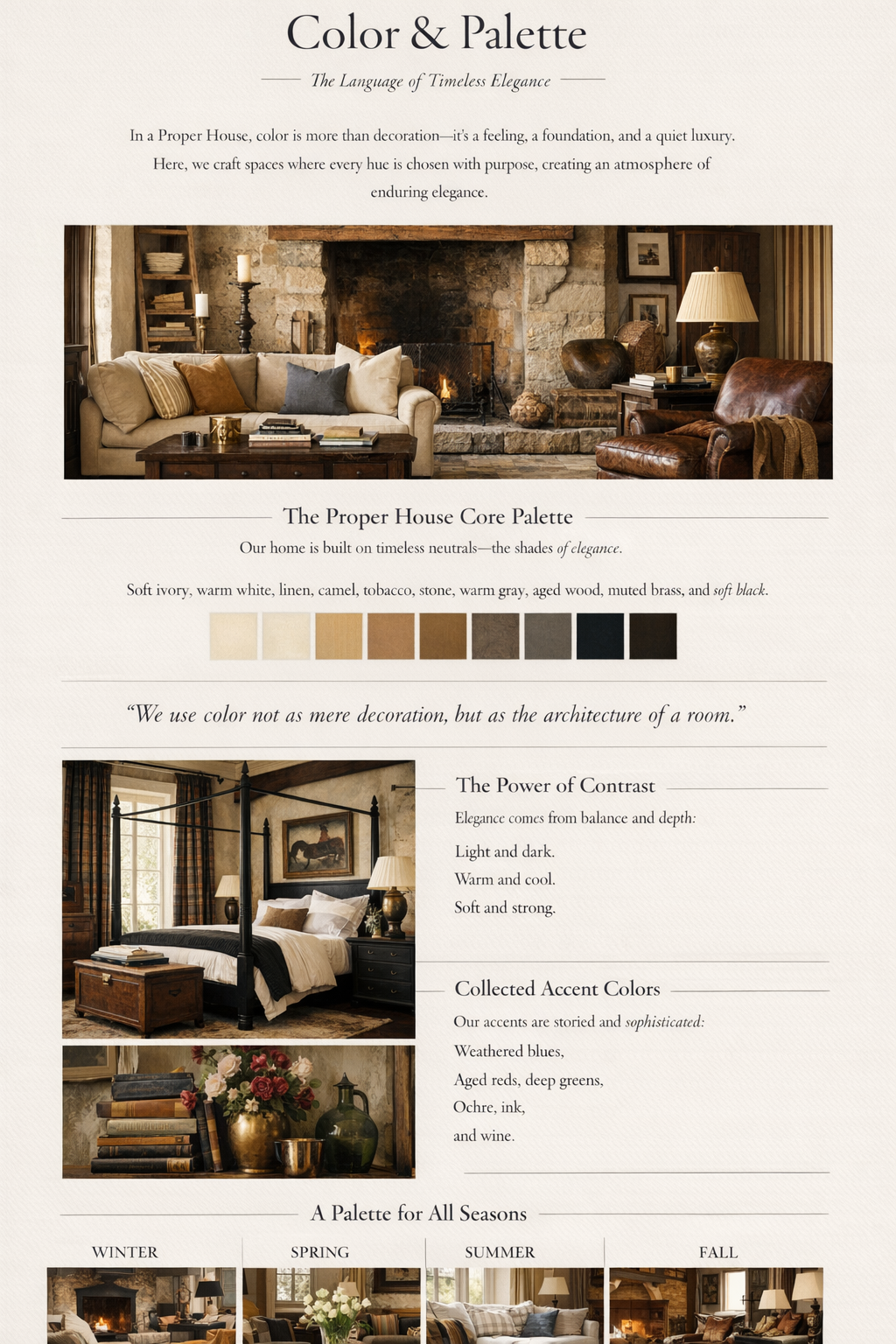 A warm Ralph Lauren–style living room with neutral tones, leather seating, and layered textures