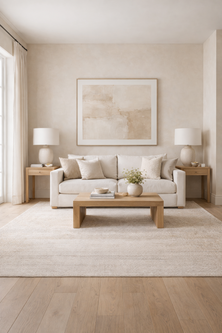 Balanced living room styled with correct scale and proportion featuring a neutral sofa, symmetrical lamps, centered artwork, and wood coffee table
