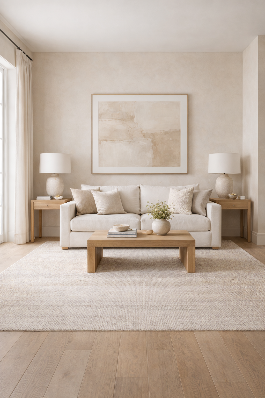 Balanced living room showing correct scale and proportion with properly sized art, rug, seating, and lighting