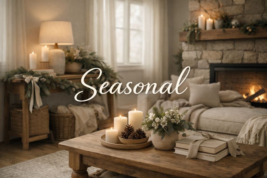 Cozy seasonal living room with candles, garland, and fireplace in a neutral modern home
