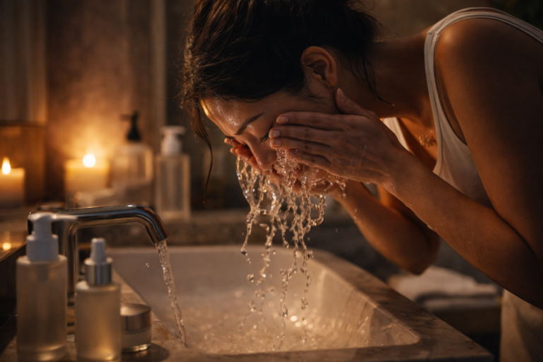 Gentle evening skincare routine with face cleansing at a bathroom sink in soft candlelight
