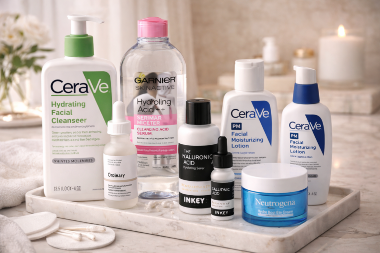 Budget-friendly skincare products arranged on a marble tray for a simple daily routine