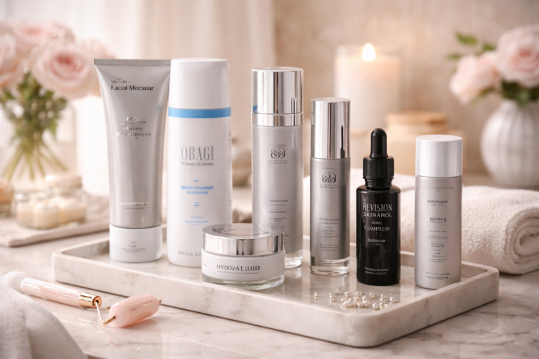 Professional skincare products arranged on a marble tray in a soft, spa-inspired bathroom setting