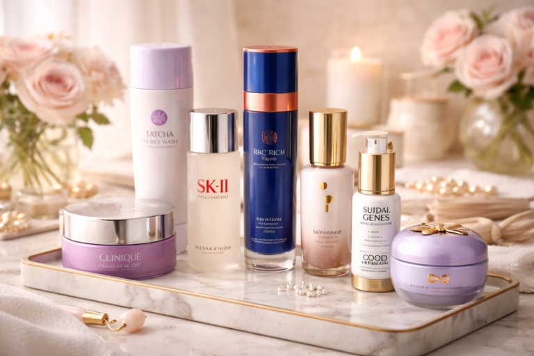 Luxury skincare products arranged on a marble tray with soft lighting and floral accents