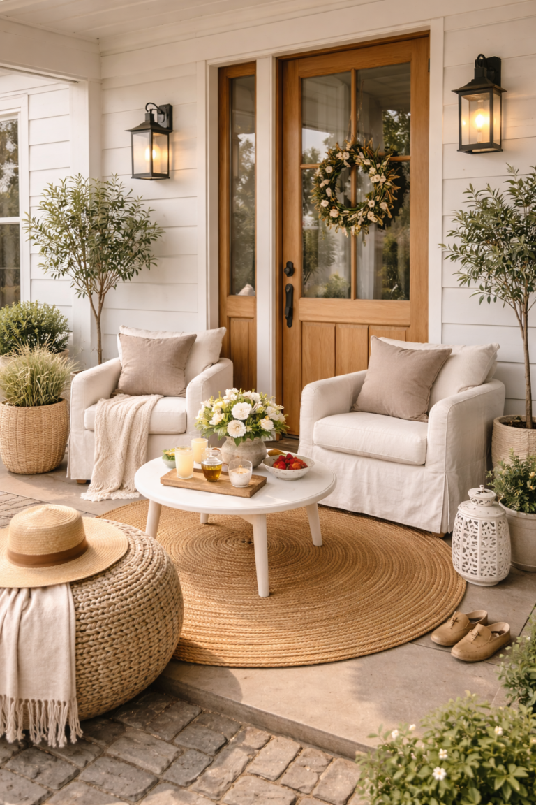 Small front porch styled for spring with two neutral armchairs, round jute rug, white coffee table, wreath on wooden door, and potted greenery.