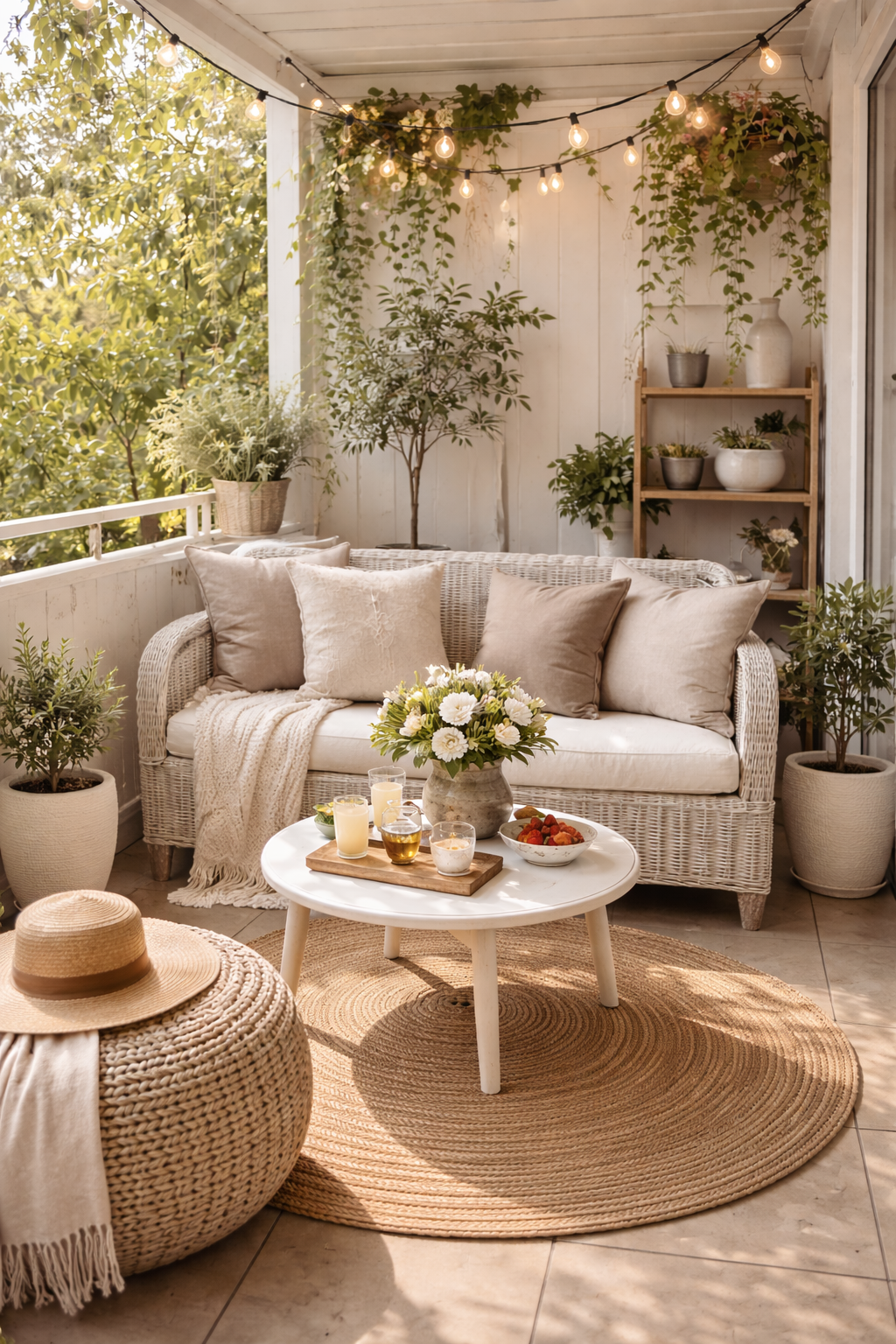 Small spring porch or patio styled with minimal decor, planter, lantern, and neutral palette.