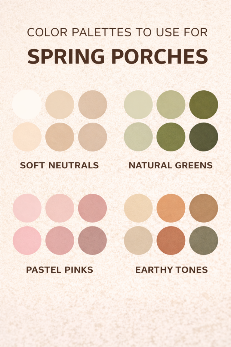 Spring porch color palette featuring soft neutrals, natural greens, pastel pinks, and earthy tones arranged in circular swatches.