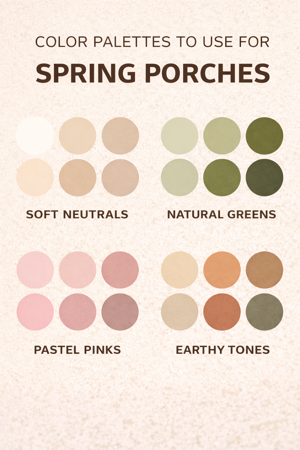 Spring porch color palette inspiration with soft neutrals, warm wood, greenery, and organic modern tones.