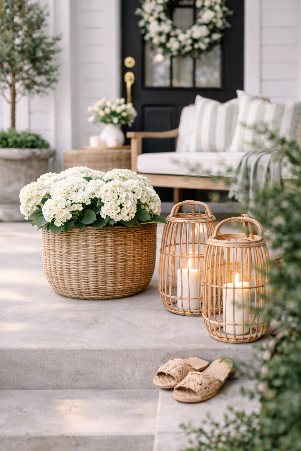 Soft, airy spring porch styling with organic textures, minimal greenery, and a calm neutral palette.