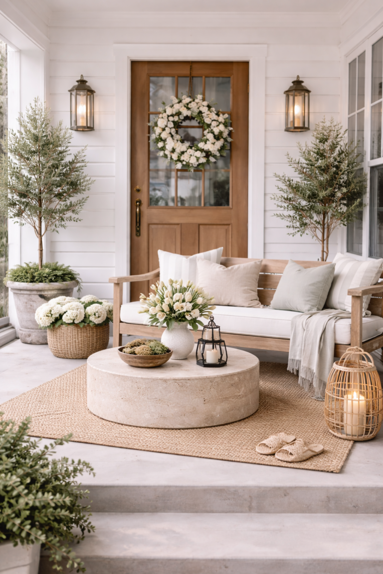 Neutral spring front porch with wood door, white floral wreath, woven lantern, round stone coffee table, and cozy outdoor seating.