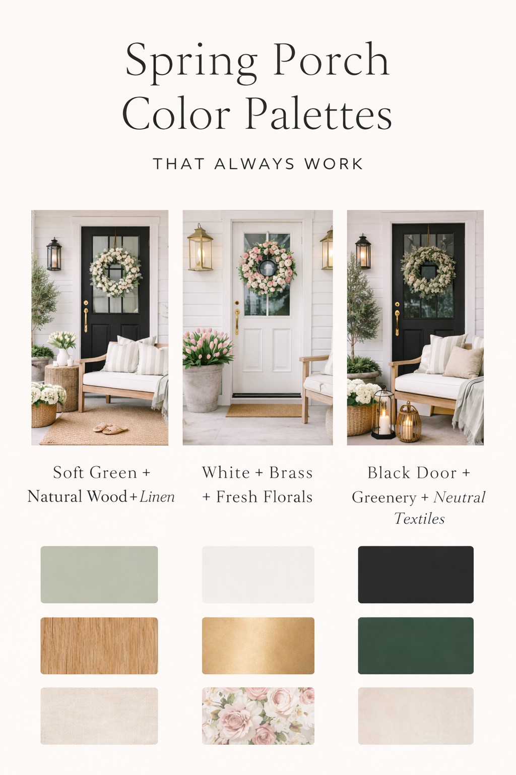 Spring porch palette variations styled with neutral rugs, greenery, rattan, and light textiles.