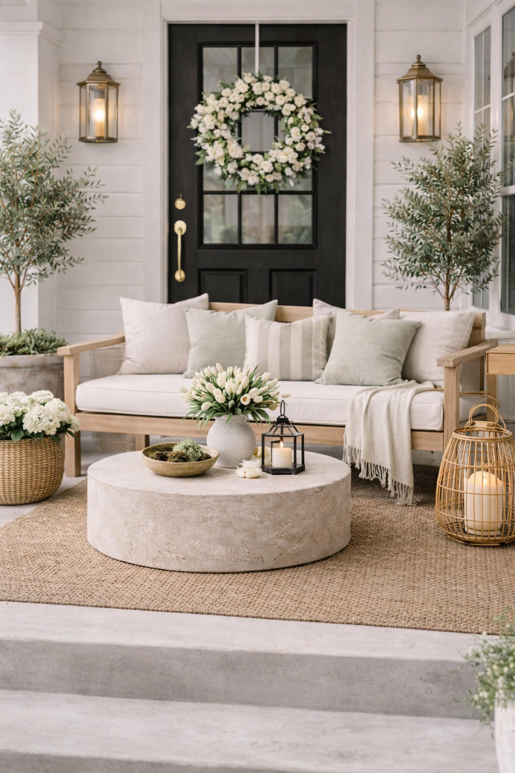 Soft minimal spring porch look with neutral rug, greenery wreath, warm lanterns, and organic modern textures.