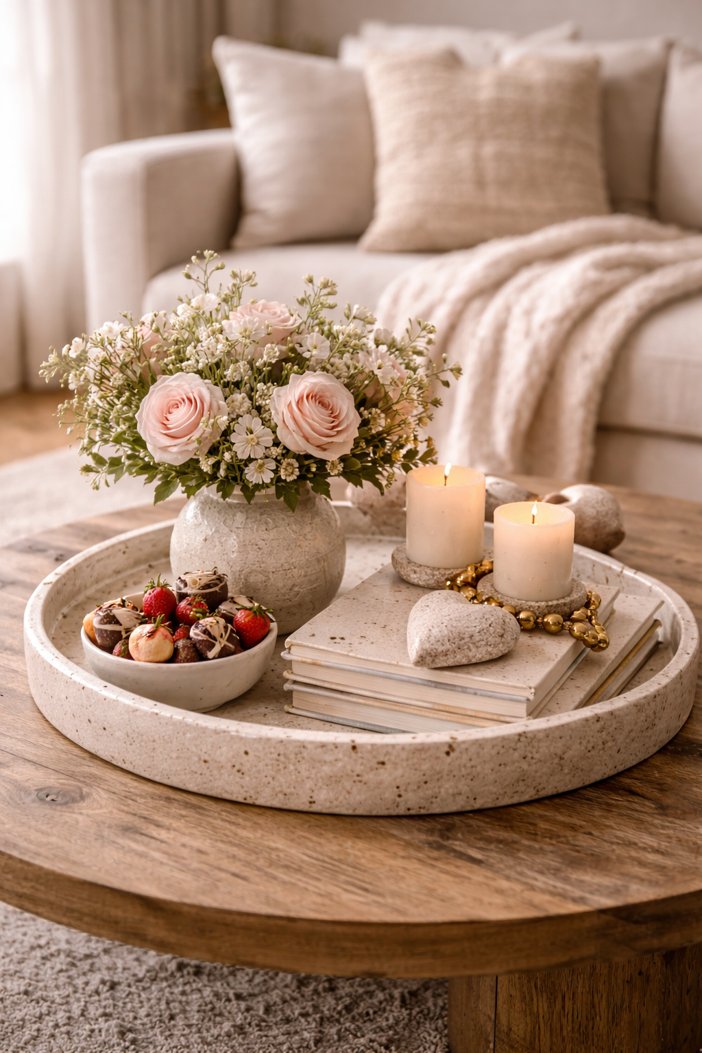 An organic modern Valentine's Day vignette with soft blush accents, warm neutrals, and natural textures that feels elevated and calm