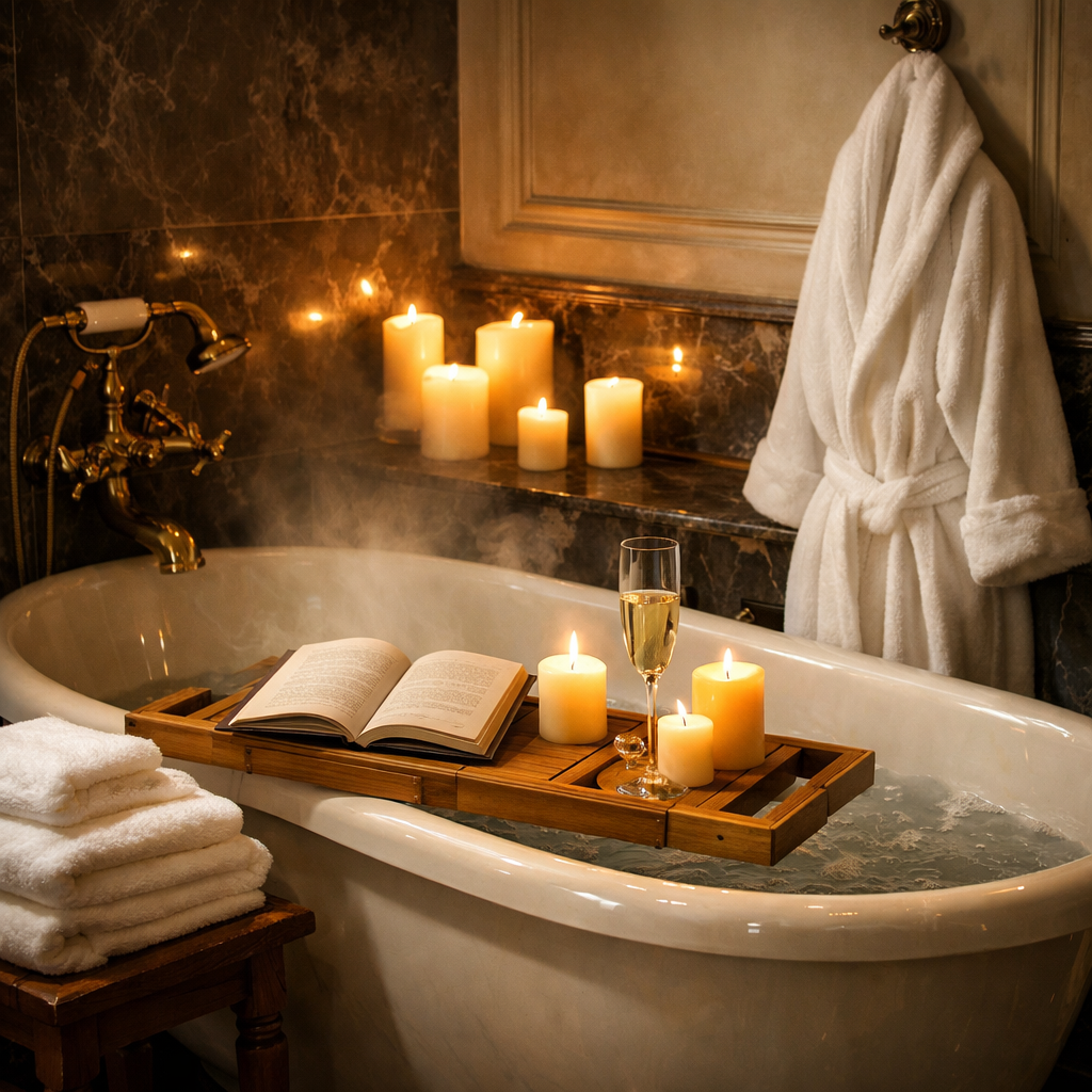 Luxury romantic bathtub with freestanding soaking tub, candlelight, bamboo bath caddy, plush white towels, and hotel-style robe in a Ralph Lauren–inspired bathroom.