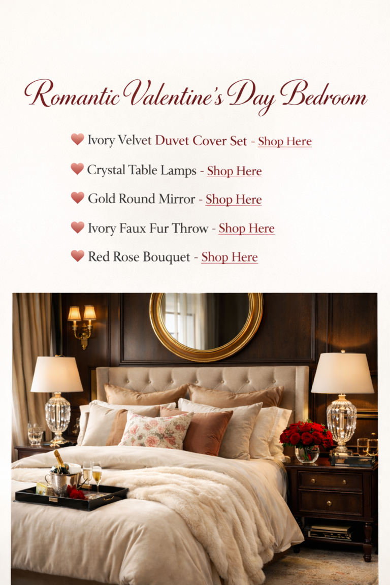 Romantic Valentine’s Day bedroom with ivory velvet bedding, crystal bedside lamps, round gold mirror, faux fur throw, and luxury forever roses
