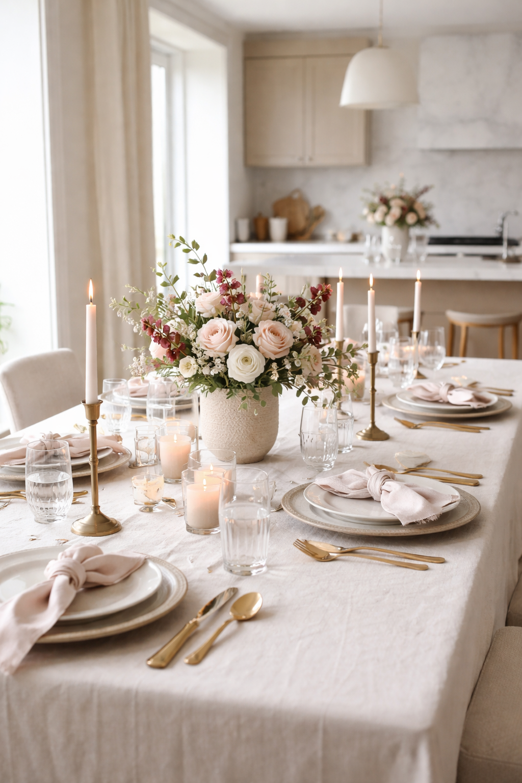 Formal Valentine’s Day kitchen table set in an organic modern luxury style with neutral linens, candlelight, and refined place settings