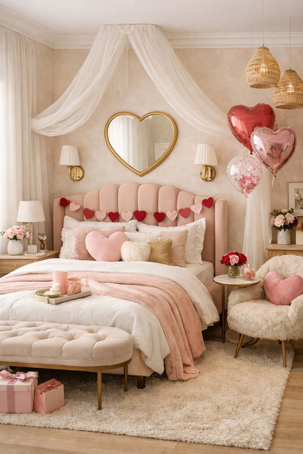 Organic modern Valentine’s Day girls bedroom with blush velvet bed, white canopy, soft pink bedding, heart garland, faux fur chair, and cream rug