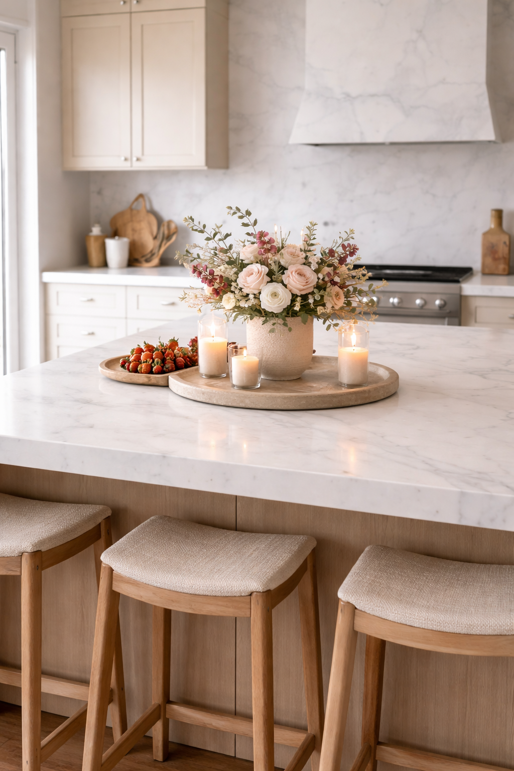 Luxury kitchen island styled for Valentine’s Day in a feminine organic modern palette with blush accents, candlelight, and elevated decor