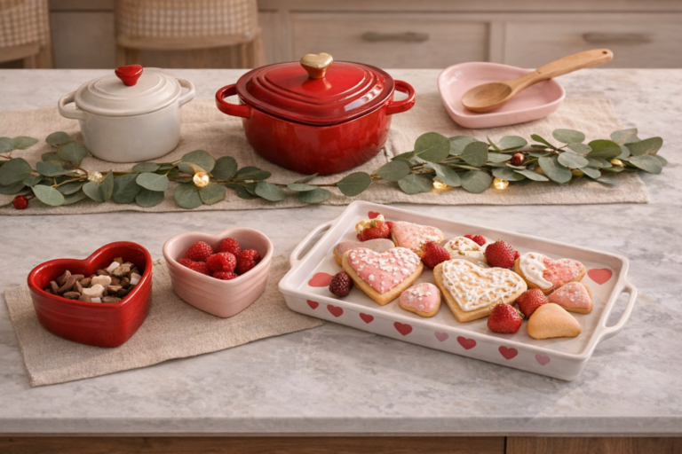 Romantic Valentine’s Day kitchen island styled with red Le Creuset cookware, heart-shaped desserts, candles, and elegant tableware