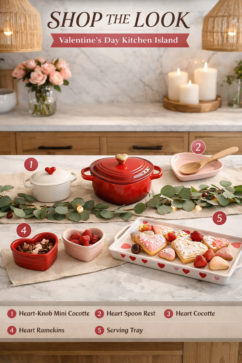Organic modern Valentine’s Day kitchen island styled with heart-shaped cookware, cerise and chiffon pink accents, and neutral stone