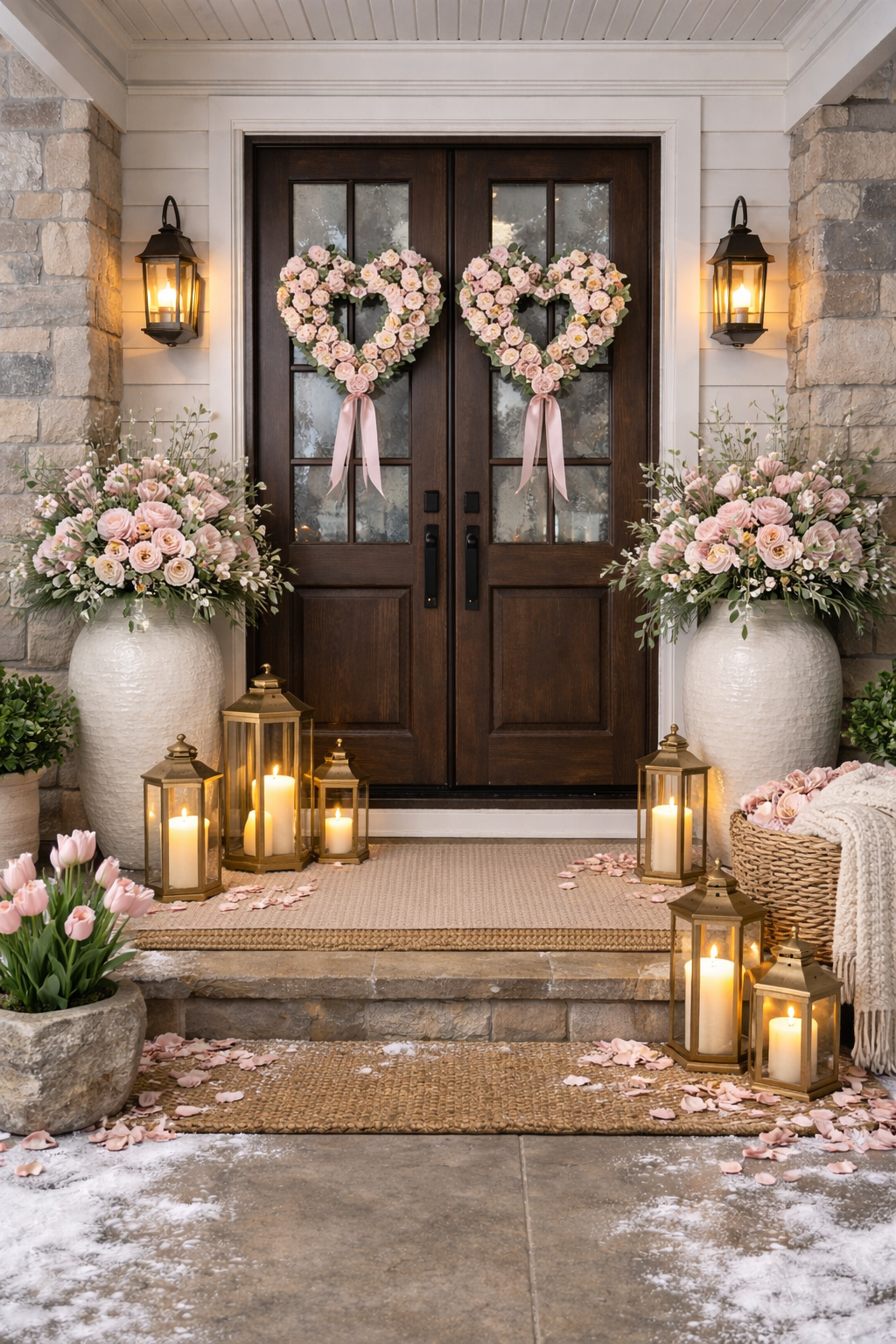 Organic modern Valentine’s Day porch with heart-shaped wreaths, concrete planters, soft blush florals, gold lanterns, and warm candlelight in a refined neutral entry