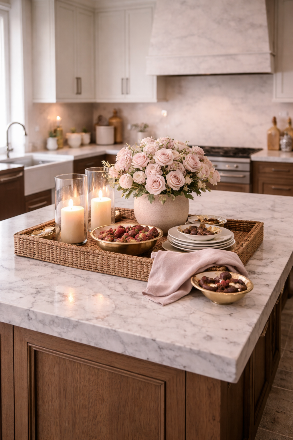 Luxury Valentine’s Day kitchen island styled in an organic modern Pottery Barn-inspired aesthetic with warm neutrals, blush accents, and candlelight