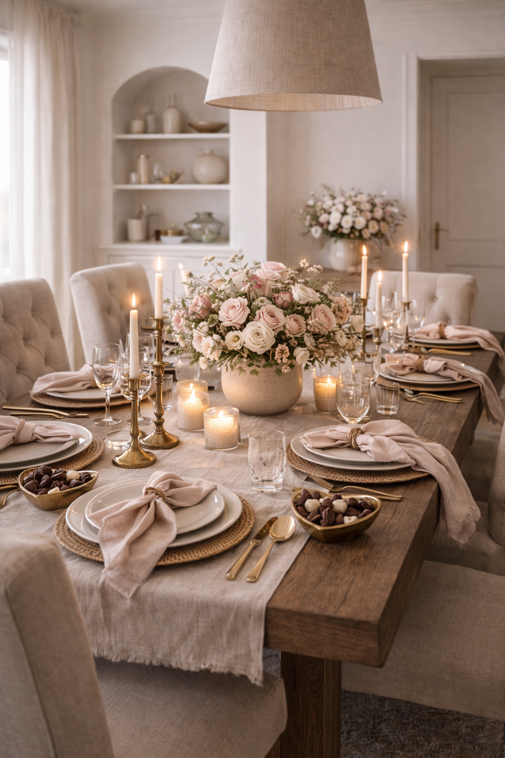 Formal Valentine’s Day table details with neutral linens, layered plates, and candlelight in an organic modern style