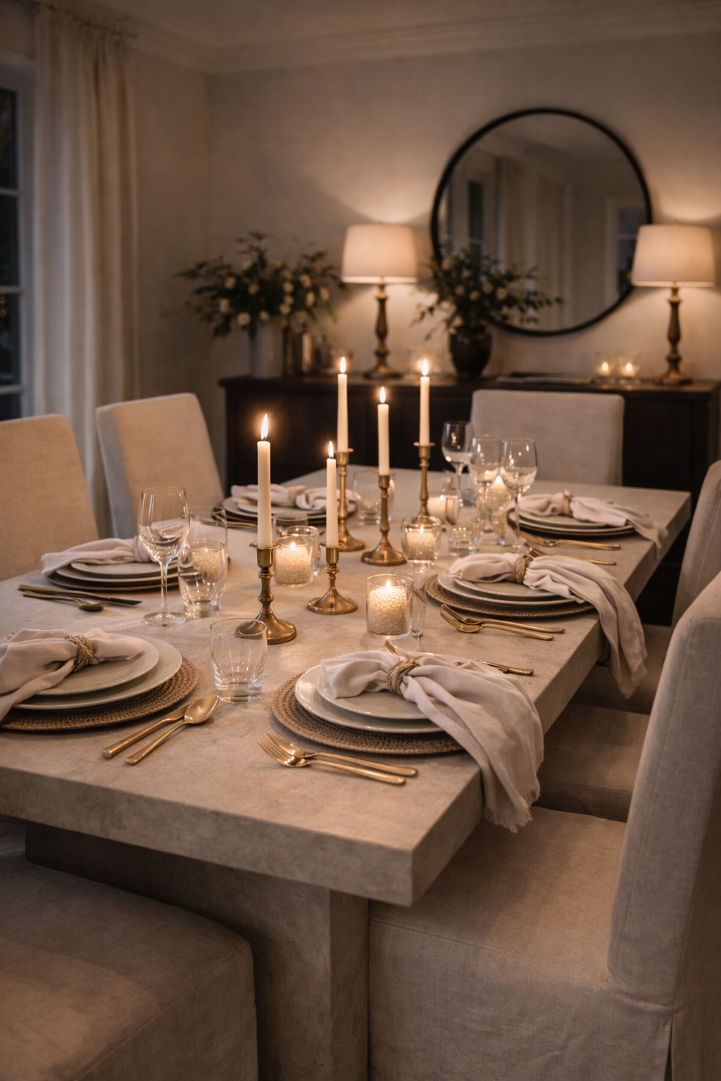 Romantic Valentine’s Day table styled in an organic modern luxury aesthetic with blush accents, candlelight, and refined place settings