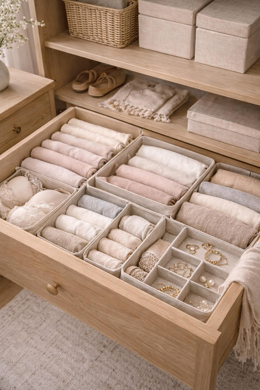 A feminine spring wardrobe reset scene with curated neutrals, soft textures, and an organized, high-end closet aesthetic.