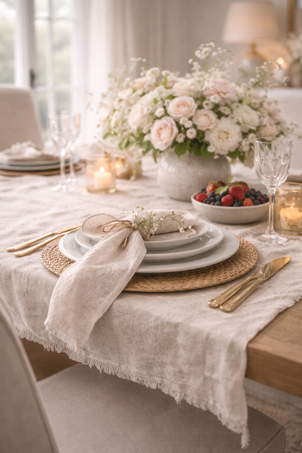 A casual dining space transitioned for spring with soft neutrals, natural textures, and an elegant everyday table setup.