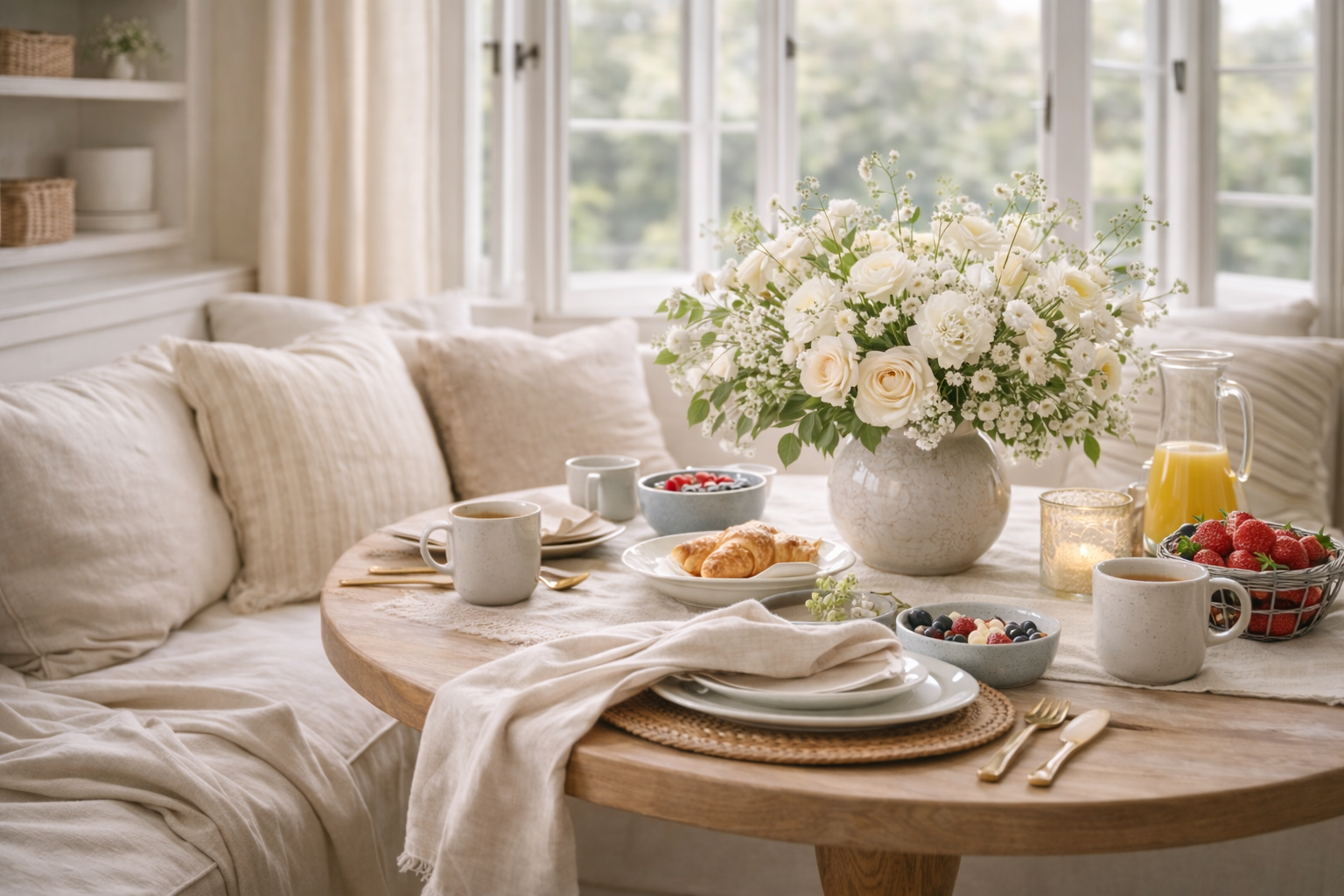 A refined formal dining room spring edit with a calm centerpiece, soft linen layers, pale florals, and warm light replacing winter evergreens.